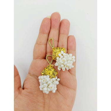 Gold Engraved Diamond Charm With Flatback Off White Beaded Tassels Latkan, Indian Latkans, Gold And Off White Beaded Danglers
